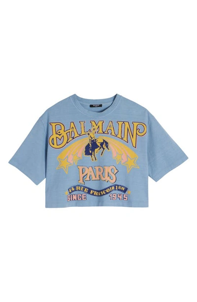 Shop Balmain Western Logo Crop Graphic T-shirt In Pale Blue/ Multi