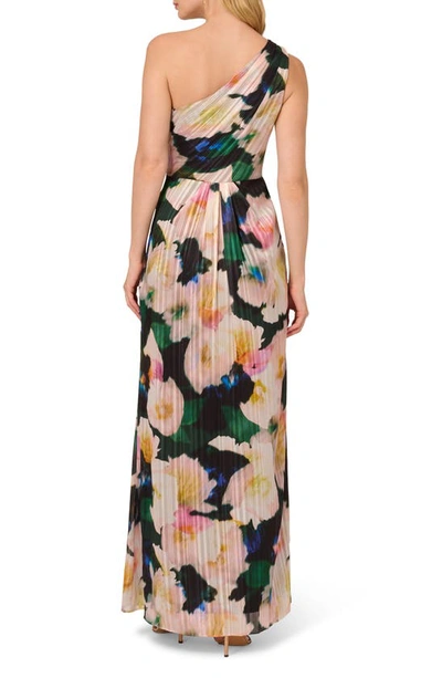 Shop Adrianna Papell Pleated Floral One-shoulder Chiffon Gown In Black/ Blush Multi