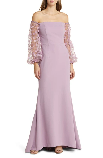 Shop Eliza J Off The Shoulder 3d Floral Sleeve Scuba Crepe Evening Dress In Mauve