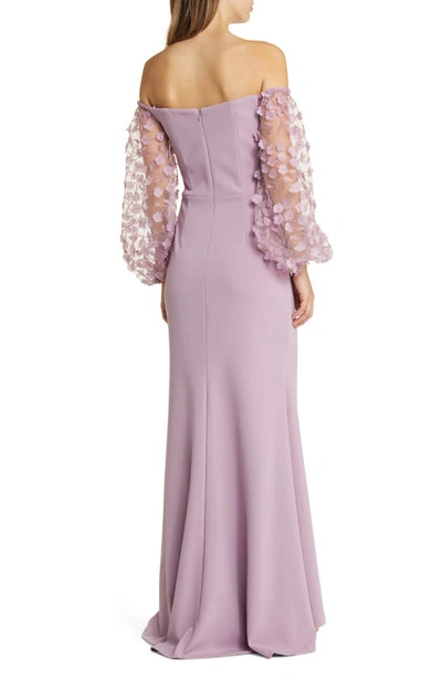 Shop Eliza J Off The Shoulder 3d Floral Sleeve Scuba Crepe Evening Dress In Mauve