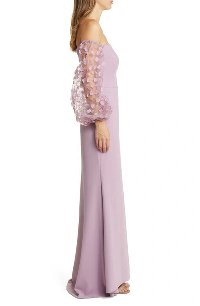 Shop Eliza J Off The Shoulder 3d Floral Sleeve Scuba Crepe Evening Dress In Mauve