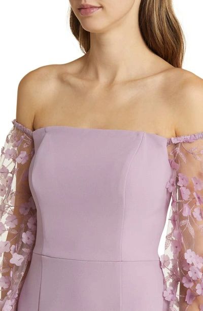 Shop Eliza J Off The Shoulder 3d Floral Sleeve Scuba Crepe Evening Dress In Mauve