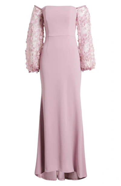 Shop Eliza J Off The Shoulder 3d Floral Sleeve Scuba Crepe Evening Dress In Mauve