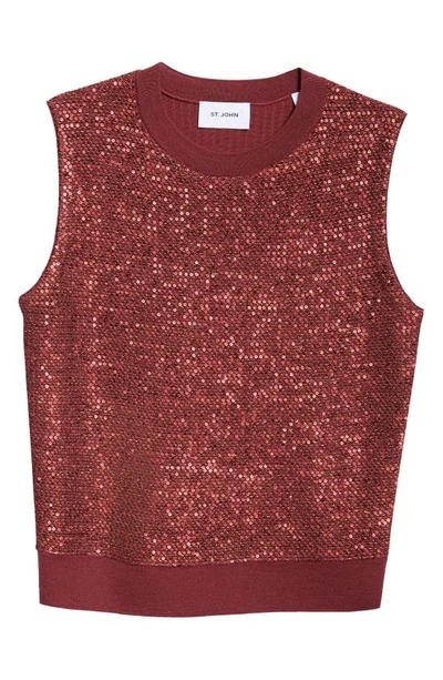 Shop St John Mixed Media Sequin Knit Sleeveless Wool Blend Sweater In Cranberry