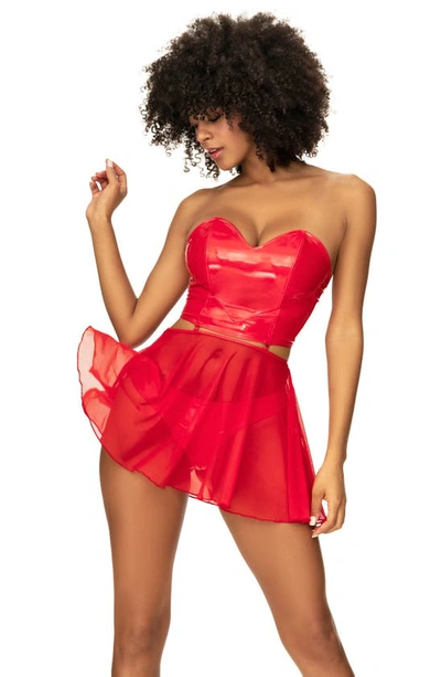 Mapalé Mapale Vinyl Bustier, Thong & Sheer Skirt Set In Wet Red