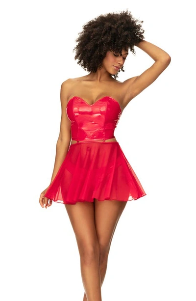 Mapalé Mapale Vinyl Bustier, Thong & Sheer Skirt Set In Wet Red