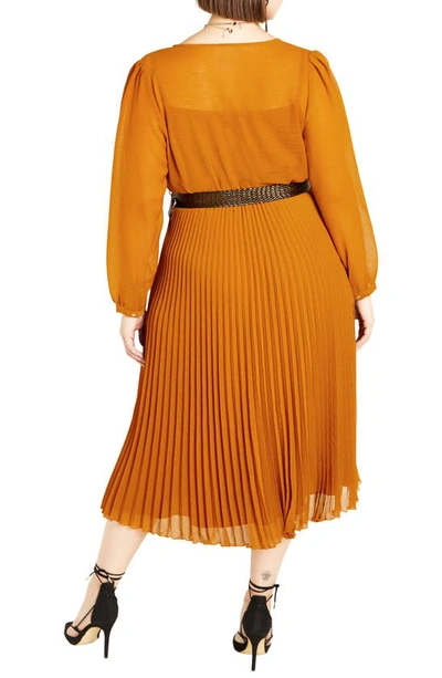 Shop City Chic Precious Pleat Belted Long Sleeve Midi Dress In Caramel