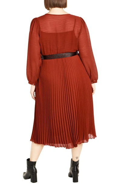 Shop City Chic Precious Pleat Belted Long Sleeve Midi Dress In Sienna