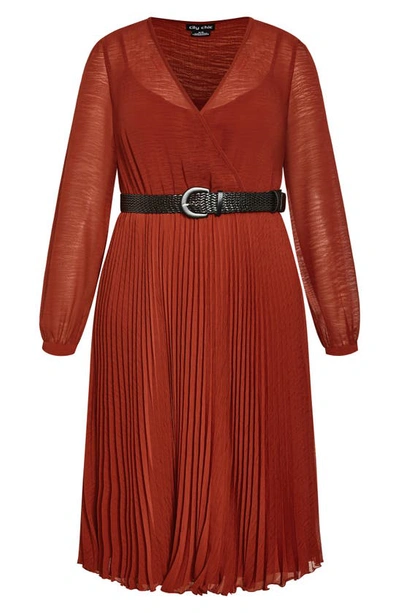 Shop City Chic Precious Pleat Belted Long Sleeve Midi Dress In Sienna