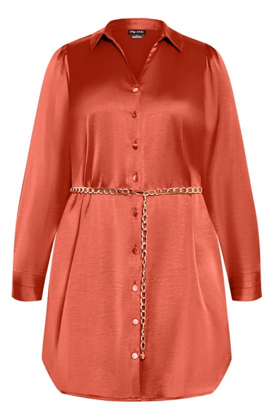 City Chic Faye Belted Long Sleeve Satin Shirtdress In Toffee