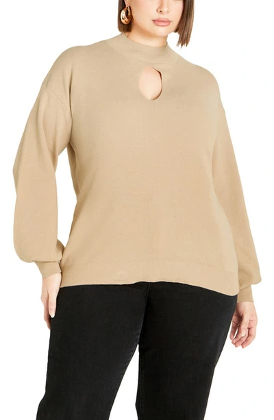 Shop City Chic Evelyn Keyhole Mock Neck Sweater In Sand