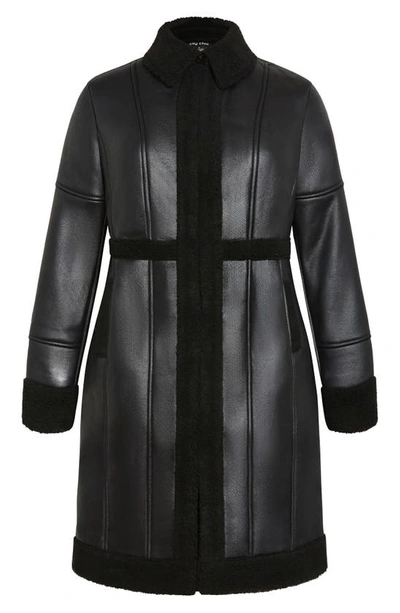 Shop City Chic Hayden Faux Leather & Faux Shearling Coat In Black