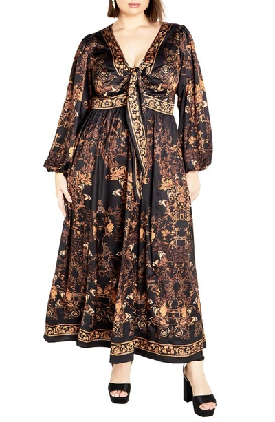 Shop City Chic Ivanna Scarf Print Long Sleeve Maxi Dress In Black/ Gold Opulent