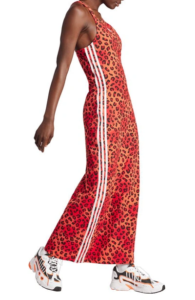 Shop Adidas Originals Leopard Print Knit Maxi Dress In Bright Red