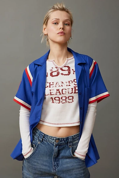 Shop Bdg Lorna Baseball Jersey Button-down Shirt In Blue, Women's At Urban Outfitters