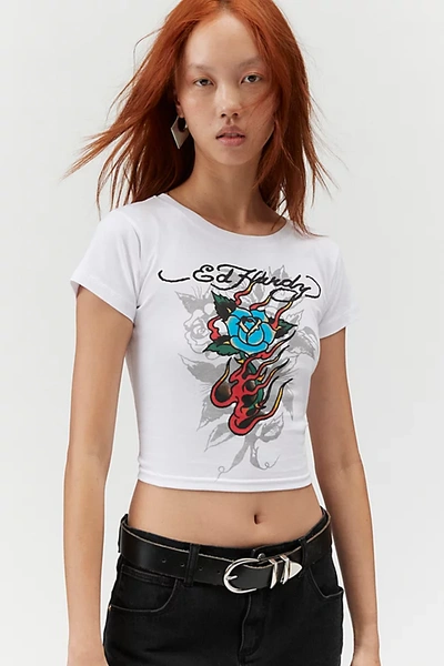 Shop Ed Hardy Flaming Rose Baby Tee In White, Women's At Urban Outfitters