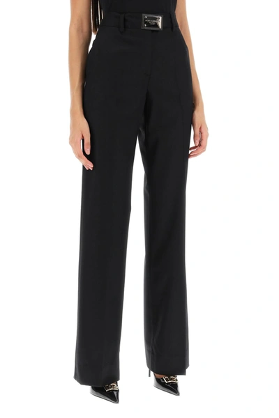 Shop Dolce & Gabbana Flannel Trousers With Logo Tag