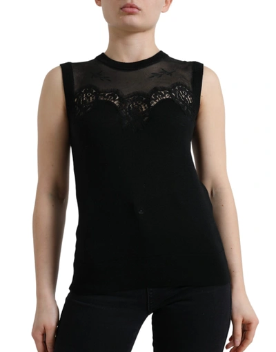 Shop Dolce & Gabbana Black Cashmere Lace Trim Sleeveless Tank Top