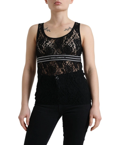 Shop Dolce & Gabbana Black Logo Stripe Lace Sleeveless Tank Top