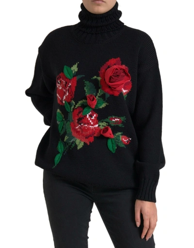 Shop Dolce & Gabbana Black Roses Wool Turtleneck Pullover Sweater