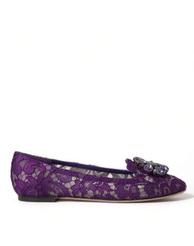 Shop Dolce & Gabbana Purple Vally Taormina Lace Crystals Flats Shoes