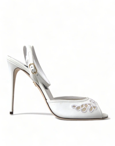 Shop Dolce & Gabbana White Embroidered Ankle Strap Sandals Shoes