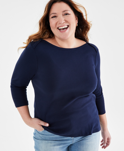Shop Style & Co Plus Size Pima Cotton 3/4-sleeve Top, Created For Macy's In Industrial Blue