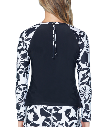 Shop Raisins Juniors' Printed-sleeve Back-zip Rashguard Top In Black,white