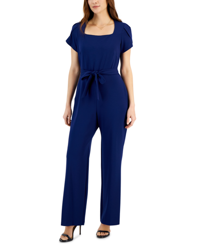 Shop Connected Women's Petal-sleeve Tie-waist Square-neck Jumpsuit In Deep Blue