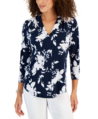 Shop Jm Collection Petite Printed V-neck Top, Created For Macy's In Bright White Combo
