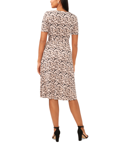Shop Msk Petite Printed V-neck Short-sleeve Midi Dress In Khaki,haze