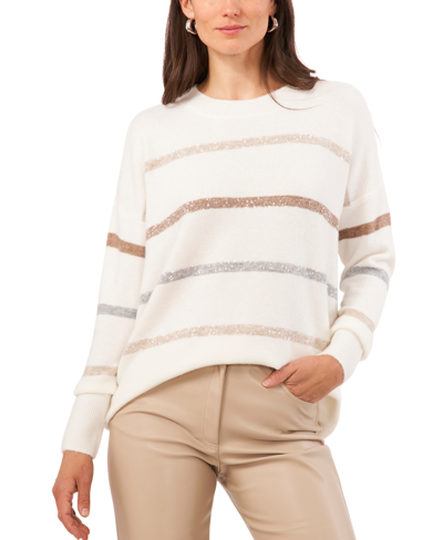 Shop Vince Camuto Women's Crewneck Sequin-stripe Sweater In Antique White