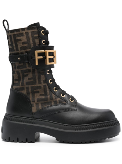 Shop Fendi Brown Graphy Leather Combat Boots In Black