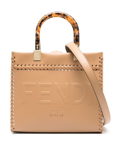 Shop Fendi Brown Sunshine Small Leather Tote Bag