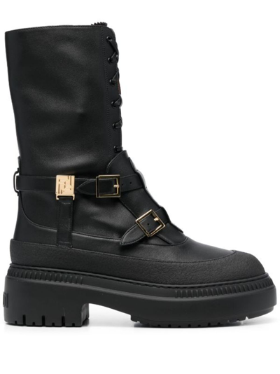 Shop Fendi Black Delfine Leather Combat Boots