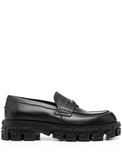 Shop Versace Black Greca Portico Leather Loafers