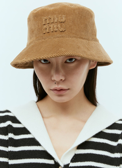 Shop Miu Miu Embossed Logo Velvet Bucket Hat In Brown