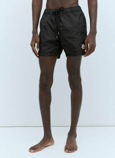 Shop Moncler Logo Patch Swim Shorts In Black