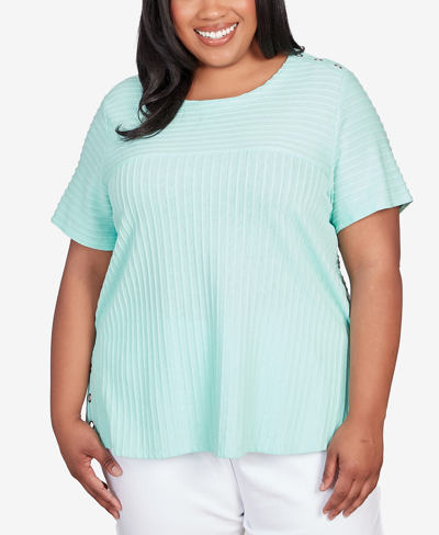 Shop Alfred Dunner Plus Size Classic Brights Solid Texture Split Shirttail T-shirt In Mist Green