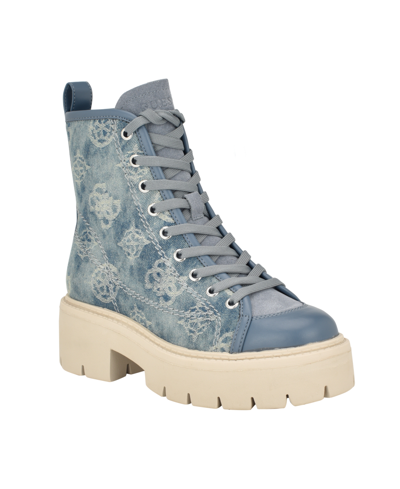 Shop Guess Women's Shutter Lace-up Logo Pattern Combat Boots In Blue Denim Logo