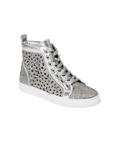 Shop Lady Couture Women's Laser Cut High Top Sneaker With Rhinestones In Silver