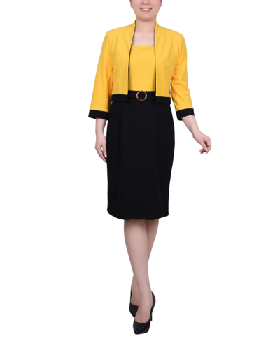 Shop Ny Collection Women's 3/4 Sleeve Colorblocked Dress, 2 Piece Set In Black,lemon