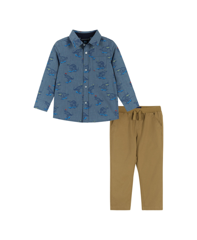 Shop Andy & Evan Toddler/child Boys Skateboarding Dino Chambray Button-down Set In Light,pastel Pink