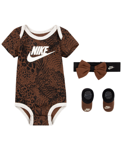 Shop Nike Baby Girls Bodysuit, Headband And Booties, 3 Piece Set In Cacao Wow