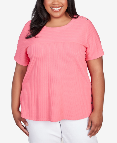 Shop Alfred Dunner Plus Size Classic Brights Solid Texture Split Shirttail T-shirt In Geranium
