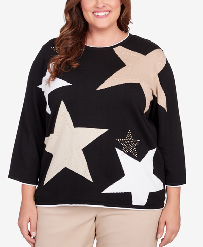 Shop Alfred Dunner Plus Size Neutral Territory Star Patch Crew Neck Sweater In Black