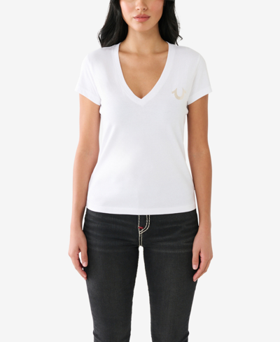 Shop True Religion Women's Short Sleeve Foil Horseshoe V-neck T-shirt In Optic White