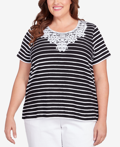Shop Alfred Dunner Plus Size Classic Neutrals Lace Neck Striped Split Hem T-shirt In Black,white
