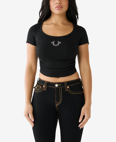 Shop True Religion Women's Short Sleeve Crystal Horseshoe Side Stacked T-shirt In Jet Black
