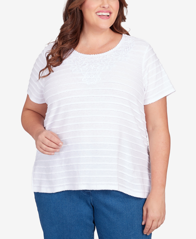 Shop Alfred Dunner Plus Size Classic Neutrals Lace Neck Striped Split Hem T-shirt In White